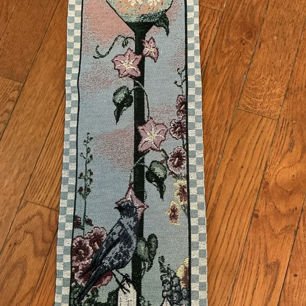 VINTAGE Tapestry MADE IN USA Wall Hanging Birdhouse, Bird, Garden Flowers 8.5x42